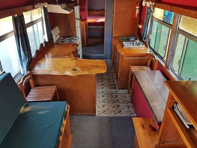 Some interior shots from our first bus conversion - Alice the Bus. We said farewell to Alice just last week (after sixteen years in my life). It was sad to say goodbye but I'm relieved to have only one big bus parked in the side yard now (hello Bronte!). Alice was set up to be a slow-moving mobile house and lacked many of the items needed for offgrid living (like solar power, water storage  tanks, toilet and shower). But as a caravan park bus, she was a delightful and most comfortable residence! I lived in Alice the bus for many years at Uluru before driving her back to Queensland. I was still living in Alice the bus on the Gold Coast (Tallebudgera Creek) when @littleearthstories and I first met and started dating in 2009. Hope you enjoy the pics! ~ Keiran.